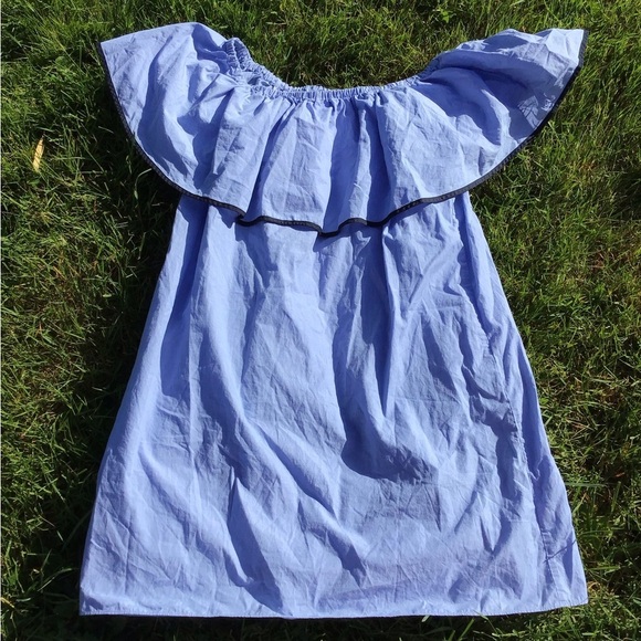 NWOT J.Crew Tipped Off-The-Shoulder Ruffle Blue Cotton Mini Dress Size L - Picture 2 of 6